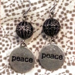 “Peace" dangle pewter disc & ball earrings New!!